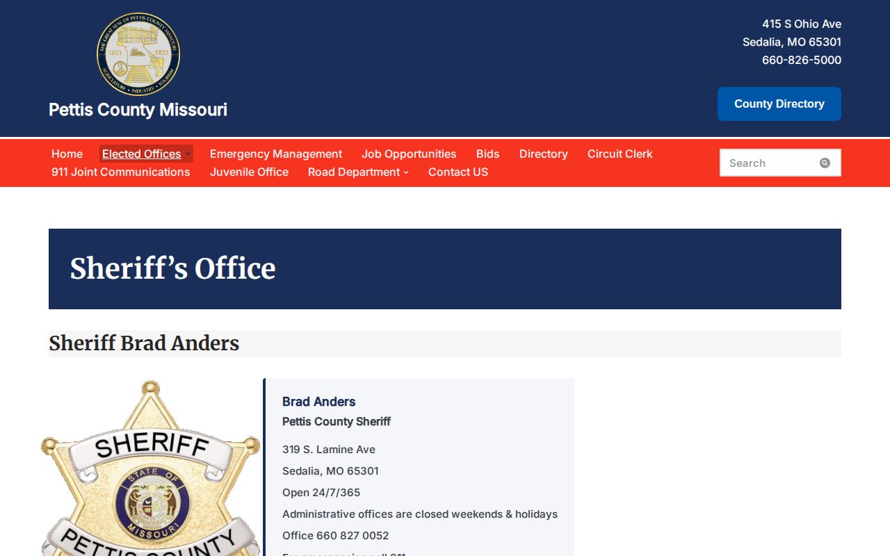 Pettis County 24-hour release contact source on the Sheriff’s Office website