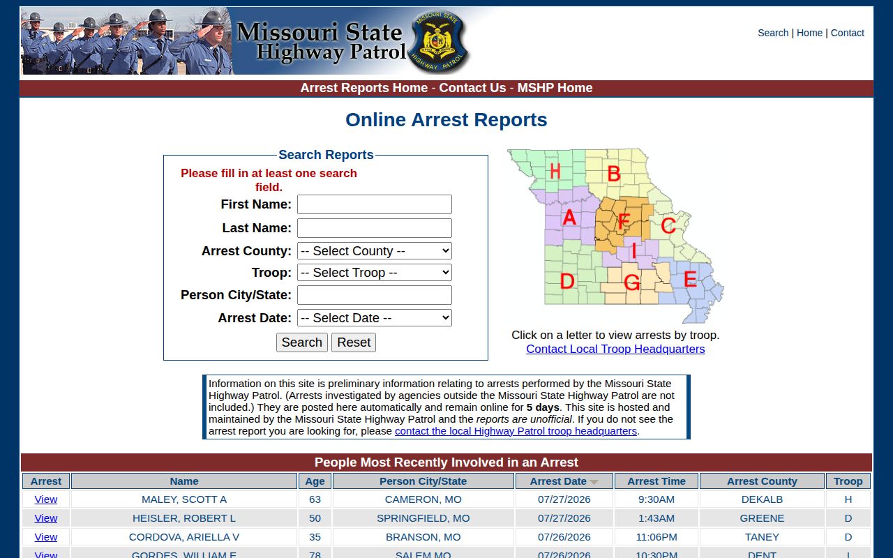 MSHP Pettis County released inmate report search fields