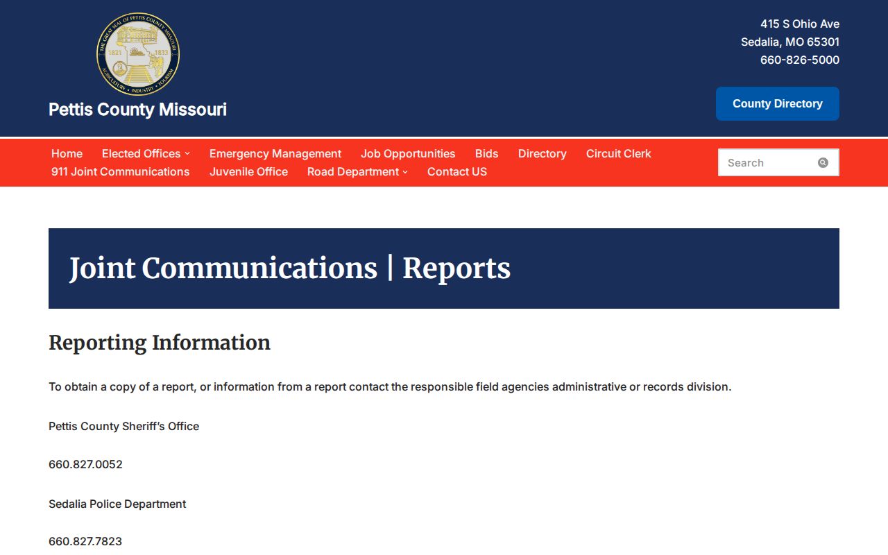 Pettis County Jail release record routing on Joint Communications page